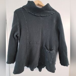 Dark Teal Waffle Knit Cotton Cowl Neck Tunic Sweater